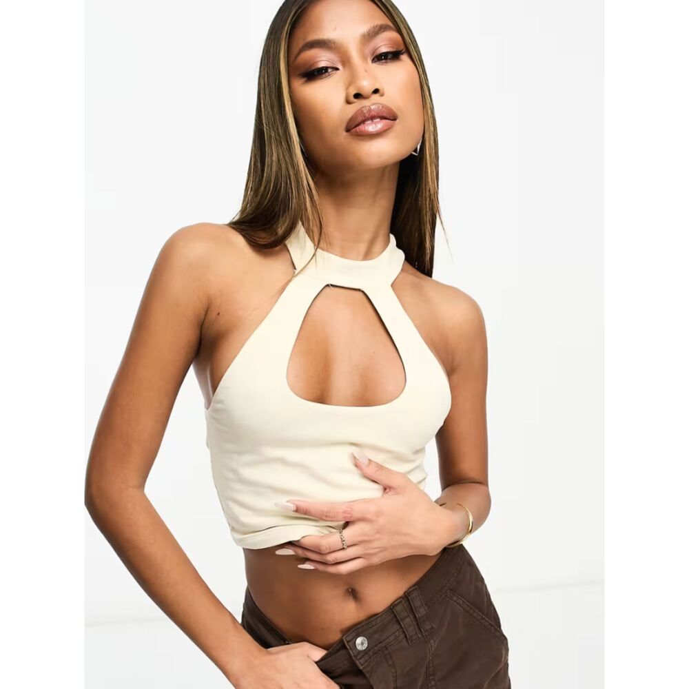 ASOS DESIGN keyhole cut out halter crop top in buttermilk